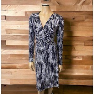 BOSS Hugo Boss Dress XL Twist Front V Neck Blue White Printed Stretch Long Slv